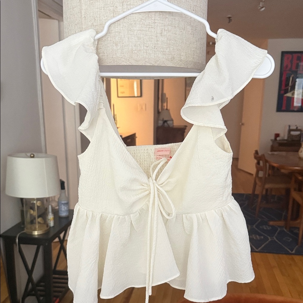 Women's Cream Ruffle Tie-Front Peplum Top
